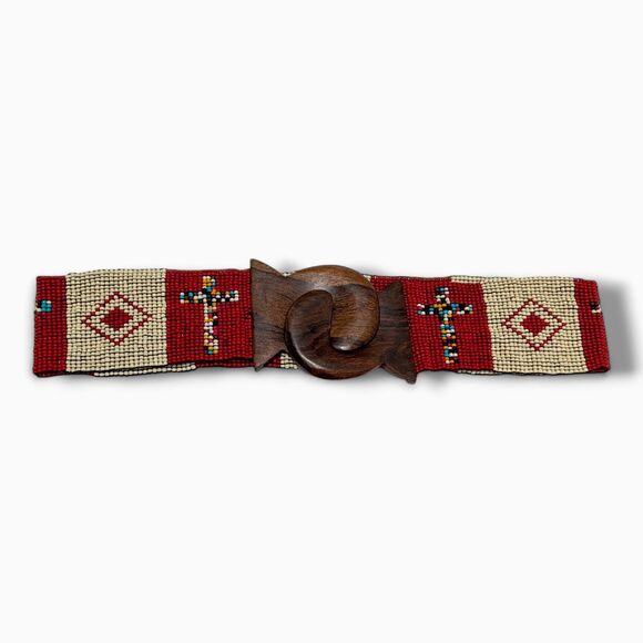 Vintage Native Style Beaded Belt Red Cream Wooden Buckle Boho Western main image 11